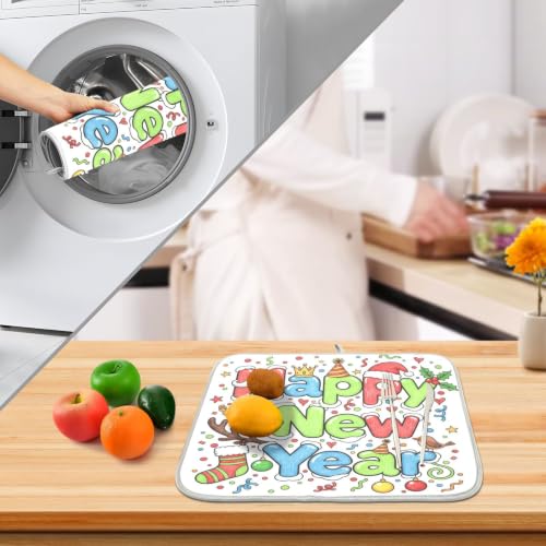 Cute Happy New Year Dish Drying Mat for Kitchen Counter Absorbent Microfiber Small Drying Pad Dish mats for Kitchen Countertops 16 x 18 Inch