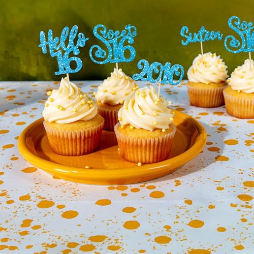 24Pcs Happy 16th Birthday Cupcake Toppers Glitter Hello 16 Sweet 16 Cupcake Picks Sixteen Years Old Birthday Cake Decorations for Celebrating 16th Anniversary Party Supplies Blue (24 Count)