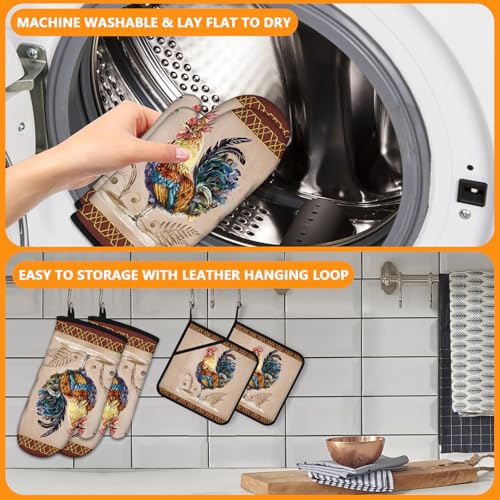 Vintage Rooster Oven Mitts and Pot Holders Sets 4Pcs