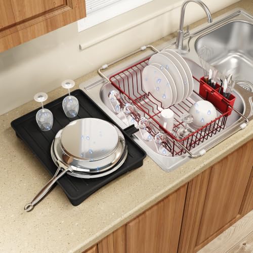 Red Expandable Dish Drying Rack Over Sink with Extra Drainboard