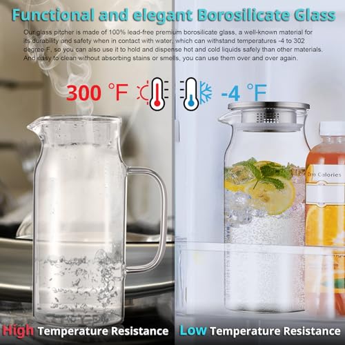 2 Pack 2 Liter 68 oz 2.1 Qt Glass Pitcher with Lid and Handle (2 Count)