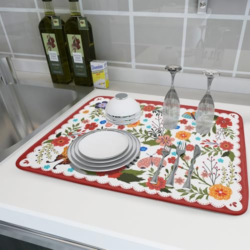Large Microfiber Dish Drying Mat Red Floral Absorbent Drying Pad for Kitchen Counter