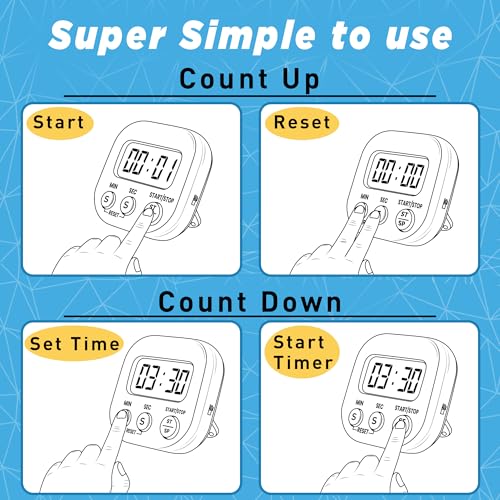 Pack of 4 Kitchen Timer with Big Digital Numbers and Loud Alarm