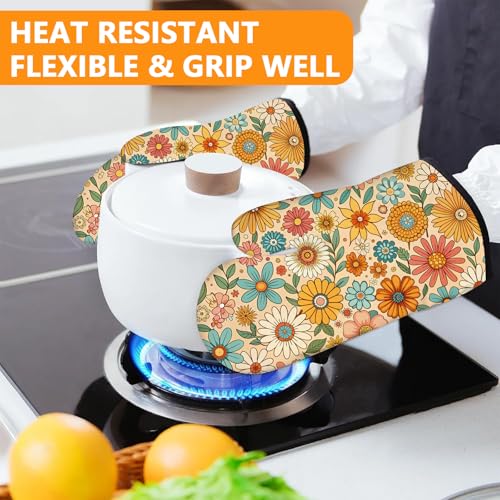 Boho Floral Oven Mitts and Colorful Flowers Pot Holders Sets 4Pcs