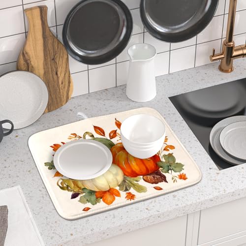 Fall Pumpkin Dish Drying Mat Autumn Leaves Absorbent Dishes Pad 16x18 Inch Seasonal Microfiber Dish Drainer Rack Mat for Kitchen Countertop