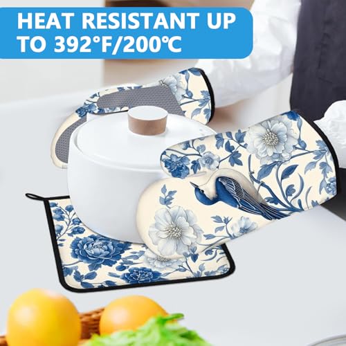 Blue Bird Blooming Flower Oven Mitts and Pot Holders Sets Heat Resistant 4Pcs Potholders Oven Gloves Hot Pads for Kitchen Baking Cooking Grilling BBQ (4 Count)
