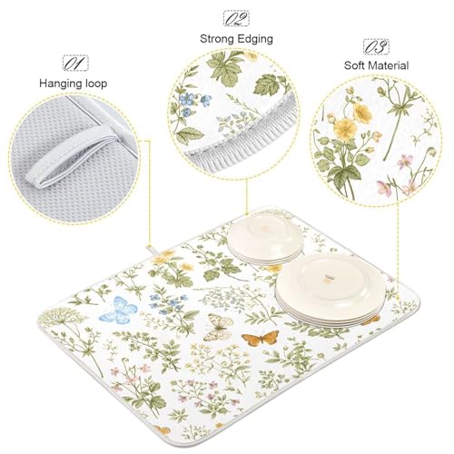 Herbs Flowers Botanical Butterfly Dish Drying Mat for Kitchen Counter Absorbent Microfiber Drying Pad