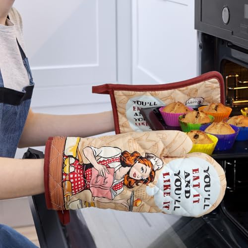 Retro Housewife Oven Mitts and Pot Holders Set (4 Count)