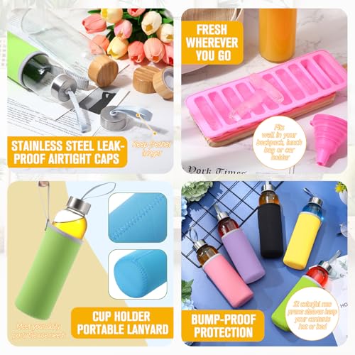 12 Pcs 18 oz Glass Water Bottles Glass Juice Bottles with Protection Sleeves (12 Count)