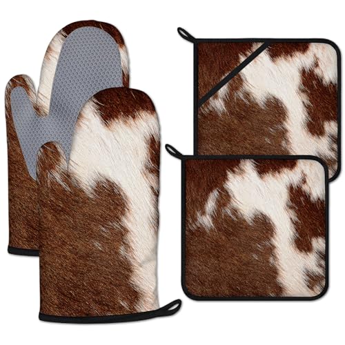 Brown Cow Print Oven Mitts and Pot Holders Sets Heat Resistant 4Pcs Potholders Oven Gloves Hot Pads for Kitchen Baking Cooking Grilling BBQ (4 Count)