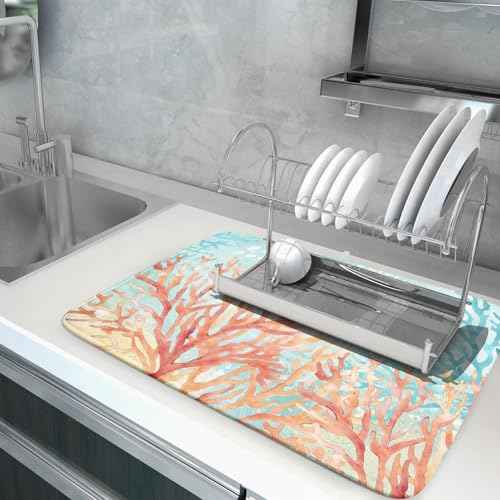 Coastal Coral Dish Drying Mat Beach Ocean Drainer Rack Mat 18x24 Inch Microfiber Absorbent Reversible Dish Dry Pad for Kitchen Counter Sink