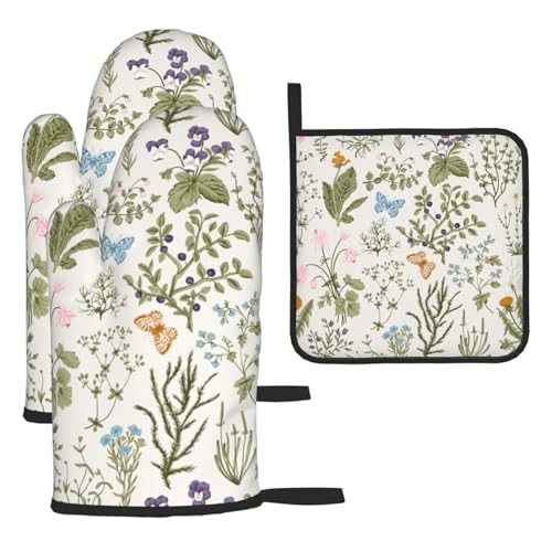 Vintage Floral Oven Mitts and Pot Holders Sets of 3 Cute Botanic (3 Count)