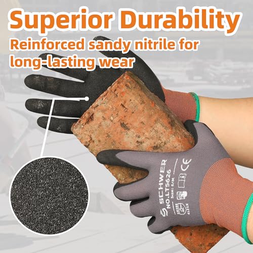 3 Pairs Work Gloves Sandy Nitrile Coated