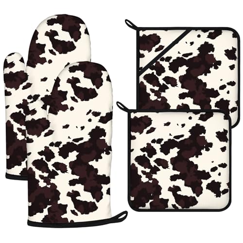 Black Cow Print Oven Mitts and Pot Holders Sets 4Pcs