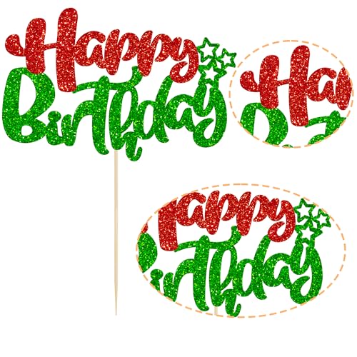 1Pcs Happy Birthday Cake Topper Glitter Happy Birthday Cake Pick for Christmas Theme Baby Shower Anniversary Party Decorations Supplies Red Green