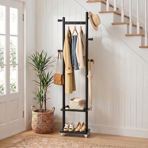 Small Clothes Rack Solid Wood Coat Rack Freestanding with Wheels