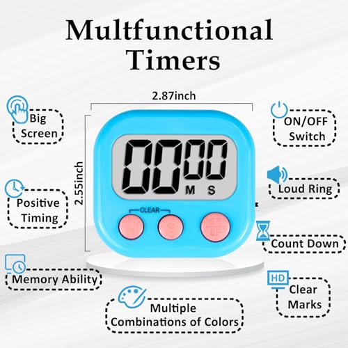 Digital Kitchen Classroom Timers for Kids Cooking 6pcs Blu Grn Pur (6 Count)