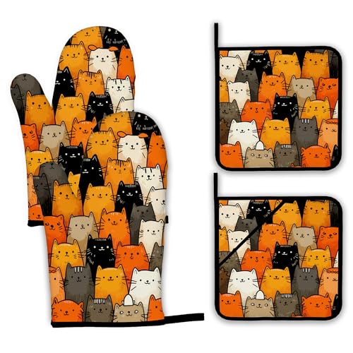 Funny Cute Cat Oven Mitts and Pot Holders Set (4 Count)