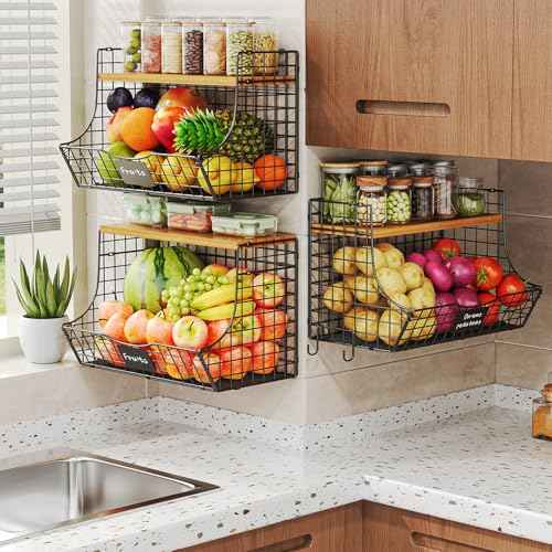 3 Pack Extra Large Fruit Basket for Kitchen with Wood Lid Nameplate (3 Count)