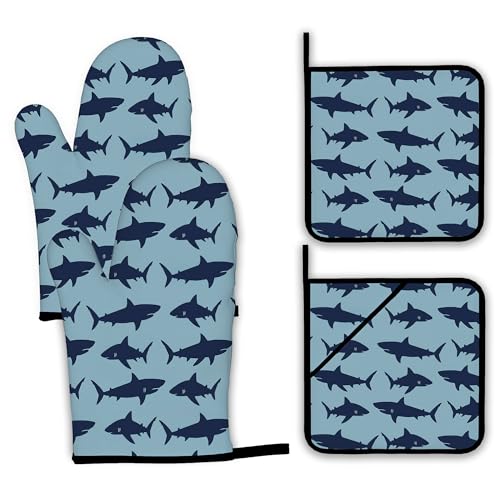 Blue Shark Oven Mitts and Pot Holders (4 Count)