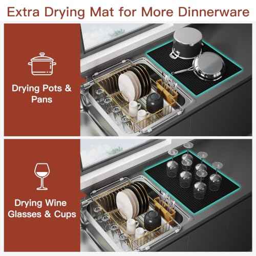 Gold Dish Drying Rack in Sink with Mat