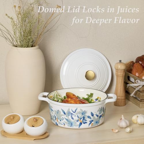 5QT Enameled Floral Cast Iron Dutch Oven Pot with Lid