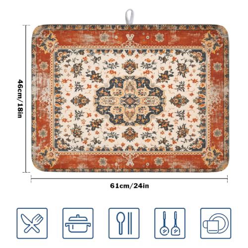 Ethnic Boho Dish Drying Mat Rust Coral Floral Decorative Dishes Pad 18x24 Inch Absorbent Fast Dry Drainer Rack Mats for Kitchen Countertop