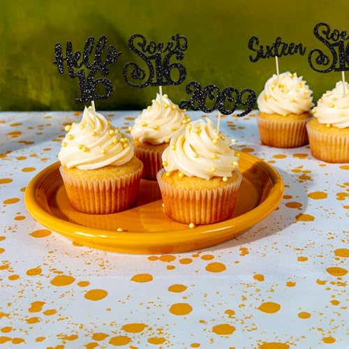 24Pcs Happy 16th Birthday Cupcake Toppers Glitter Hello 16 Sweet 16 Cupcake Picks 2009 Sixteen Old Birthday Cake Decorations for 16th Birthday Anniversary Party Supplies Black (24 Count)