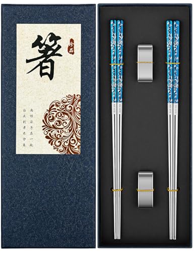 Metal Chopsticks Reusable 2 Pairs Titanium Plated Stainless Steel Chopsticks with Holder