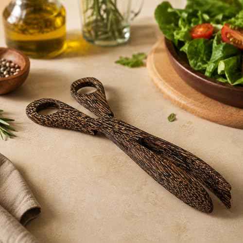 Hand Carved 10 Inch Palm Wood Scissor Tongs