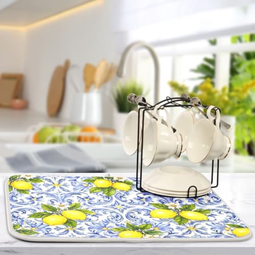 Lemon Blue Tiles Dish Drying Mat for Kitchen Counter Absorbent Microfiber Drying Pad