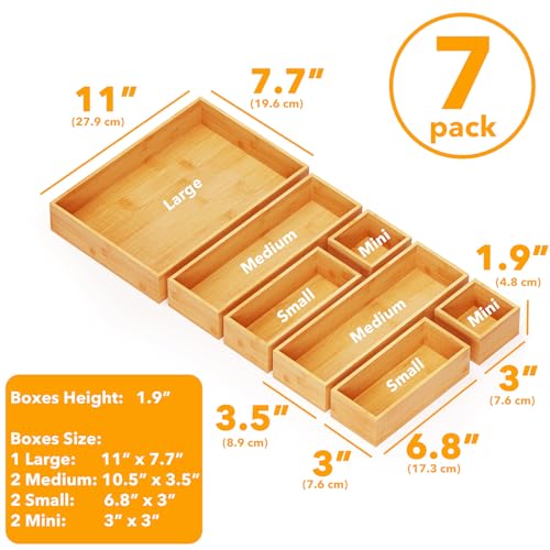 7 Piece Bamboo Drawer Organizer Storage Boxes Set