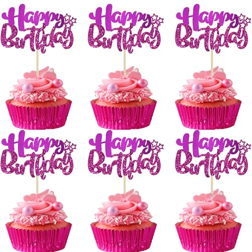 24Pcs Happy Birthday Cupcake Toppers Double Layer Glitter Happy Birthday Cake Decorations for Celebrating Baby Shower Theme Kids Boys Girls Anniversary Party Decorations Supplies Purple (24 Count)