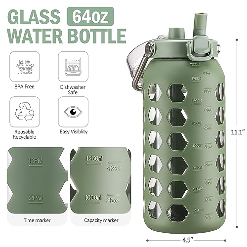 64oz Glass Water Bottle with Straw and Lid