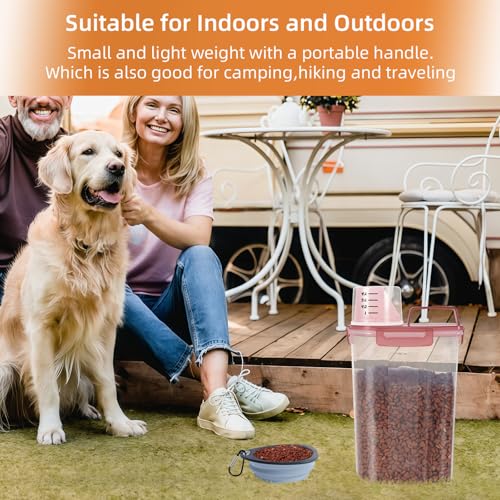 3-5Lbs/3Qt Dog Cat Storage Container Portable with Upgraded Large Spout and Cup. Plastic Pet Food Dispenser for Small Animal Kibble, Bird Seed, Oatmeal, Rice, Flour, Brown Sugart (Clear PInk)