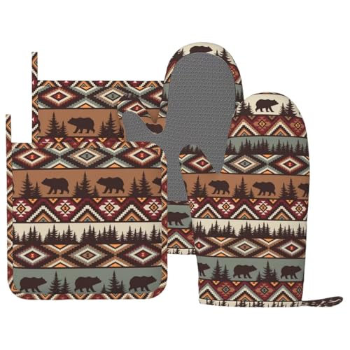 Vintage Rustic Bear Oven Mitts and Pot Holders 4 pcs Set Silicone Bear Mountain Kitchen Oven Mitt Gloves Country Cabin Themed Pot Holders Non