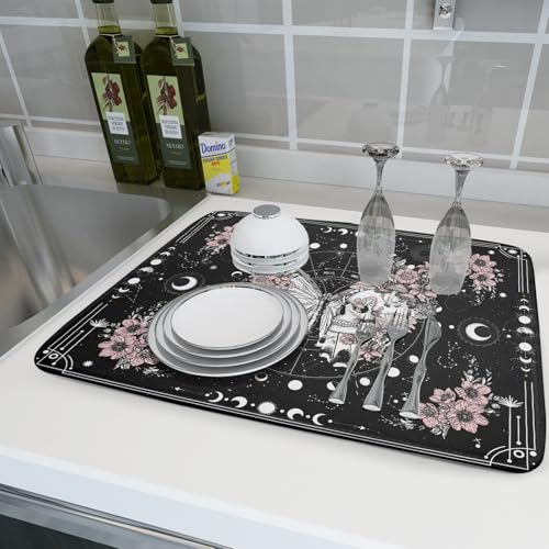 Skeleton Butterfly Dish Drying Mat Black Skull Absorbent Dish Drainer for Kitchen Counter Holiday Decor