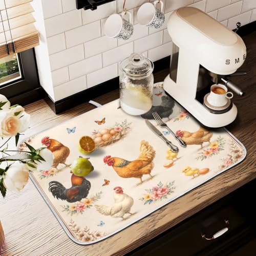 Farmhouse Rooster Dish Drying Mat for Kitchen Counter Absorbent Microfiber Small Drying Pad Dish mats for Kitchen Countertops 16 x 18 Inch