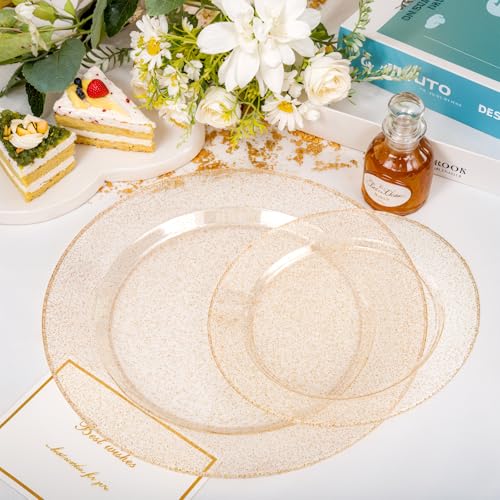 200 Pcs Gold Glitter Plastic Plates (200 Count)