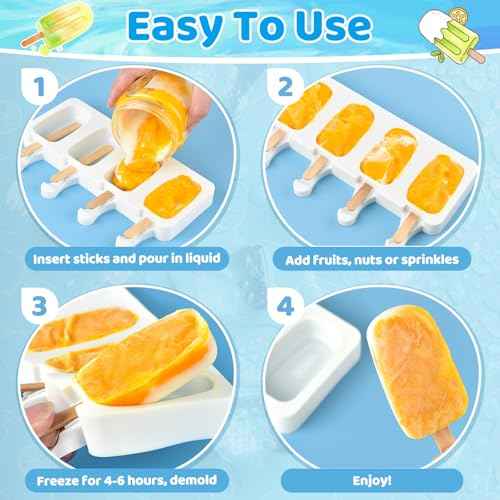2 Set Silicone Popsicle Molds 4 Cavities Ice Cream Oval Cake Molds with 100 Sticks (2 Count)