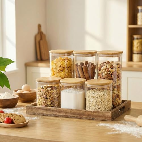 Square Glass Jars with Bamboo Lids 30 FL OZ [Set of 6] (6 Count)