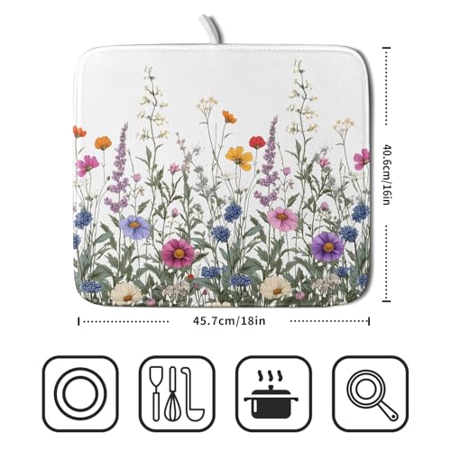 Flower Herbs Dish Drying Mat Botanical Plant Dishes Drainer Mat 16x18 inch Reversible Microfiber Drying Dish Pad for Kitchen Counter Decor
