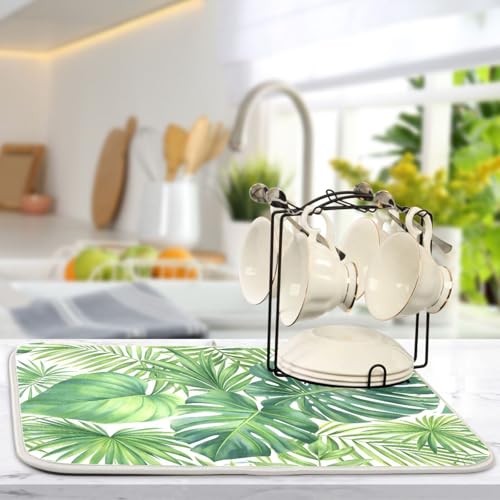Green Monstera Palm Leaves Dish Drying Mat for Kitchen Counter Absorbent Microfiber Drying Pad
