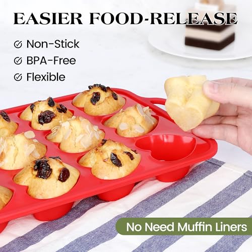 12 Cup Heart Shaped Silicone Muffin Pan for Baking with Metal Frame