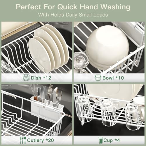 White Expandable Dish Drying Rack Over Sink with Extra Drying Mat