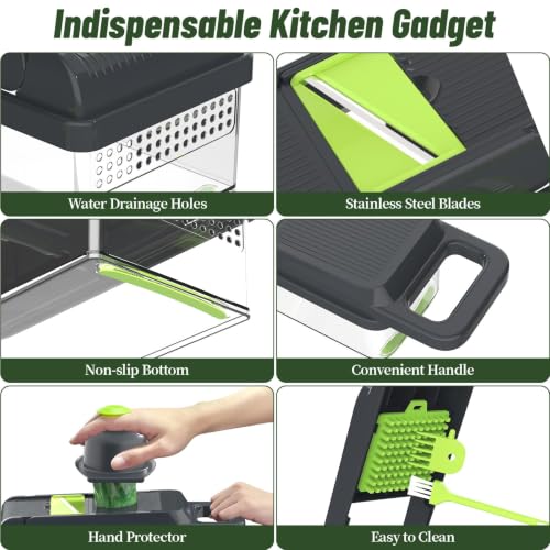 15-in-1 Vegetable Chopper 10 Blades, Veggie Cutter with Handle, Green/Grey