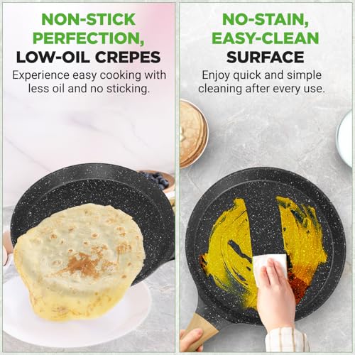 2-Pack Non-Stick Crepe Pan Set – 11” Marble Coated Dosa Pans with Wooden Spreaders, Bakelite and Wood Handles, Induction-Compatible, Easy-to-Clean, Stain-Resistant (Black Marble) (2 Count)