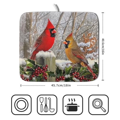 Winter Birds Dish Drying Mat Red Berry Dish Drainer Rack Mat Microfiber Absorbent Dish Drying Pad for Kitchen Counter Coffee Bar 16x18 Inch