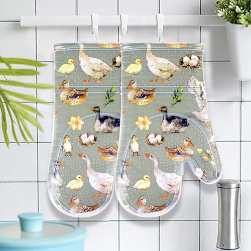Oven Mitts with Transparent Clear Silicone Shell and Nice Duck Printing (2 Count)