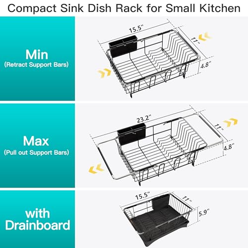 Black Dish Drying Rack in Sink with Drainboard and Utensil Holder